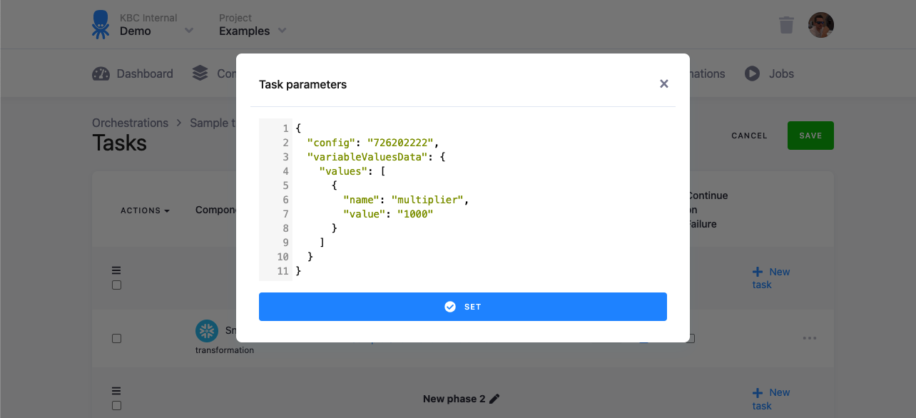 A flow task's Task parameters dialog with the variableValuesData JSON overriding multiplier to 1000